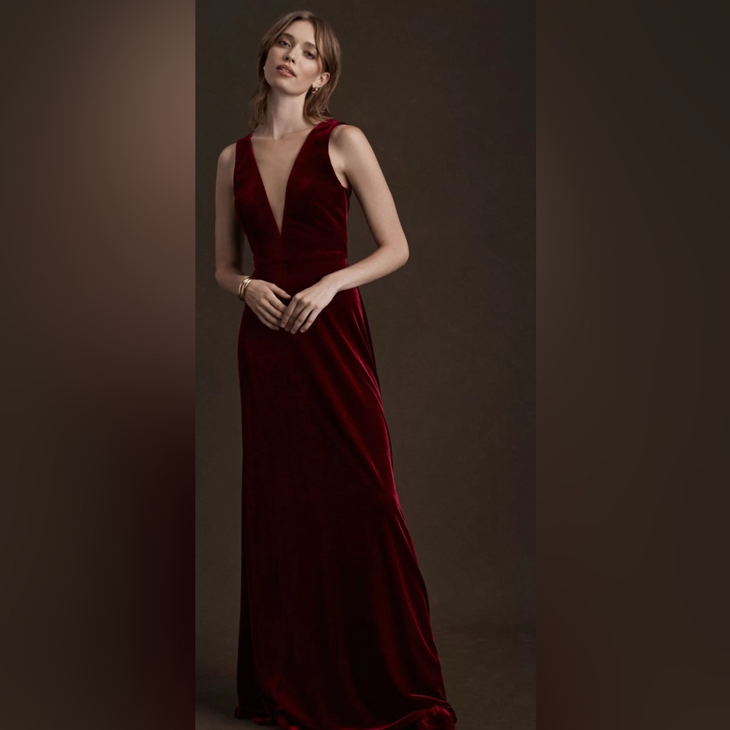 Jenny Yoo Deep Red Velvet Plunge Neck Sleeveless Gown